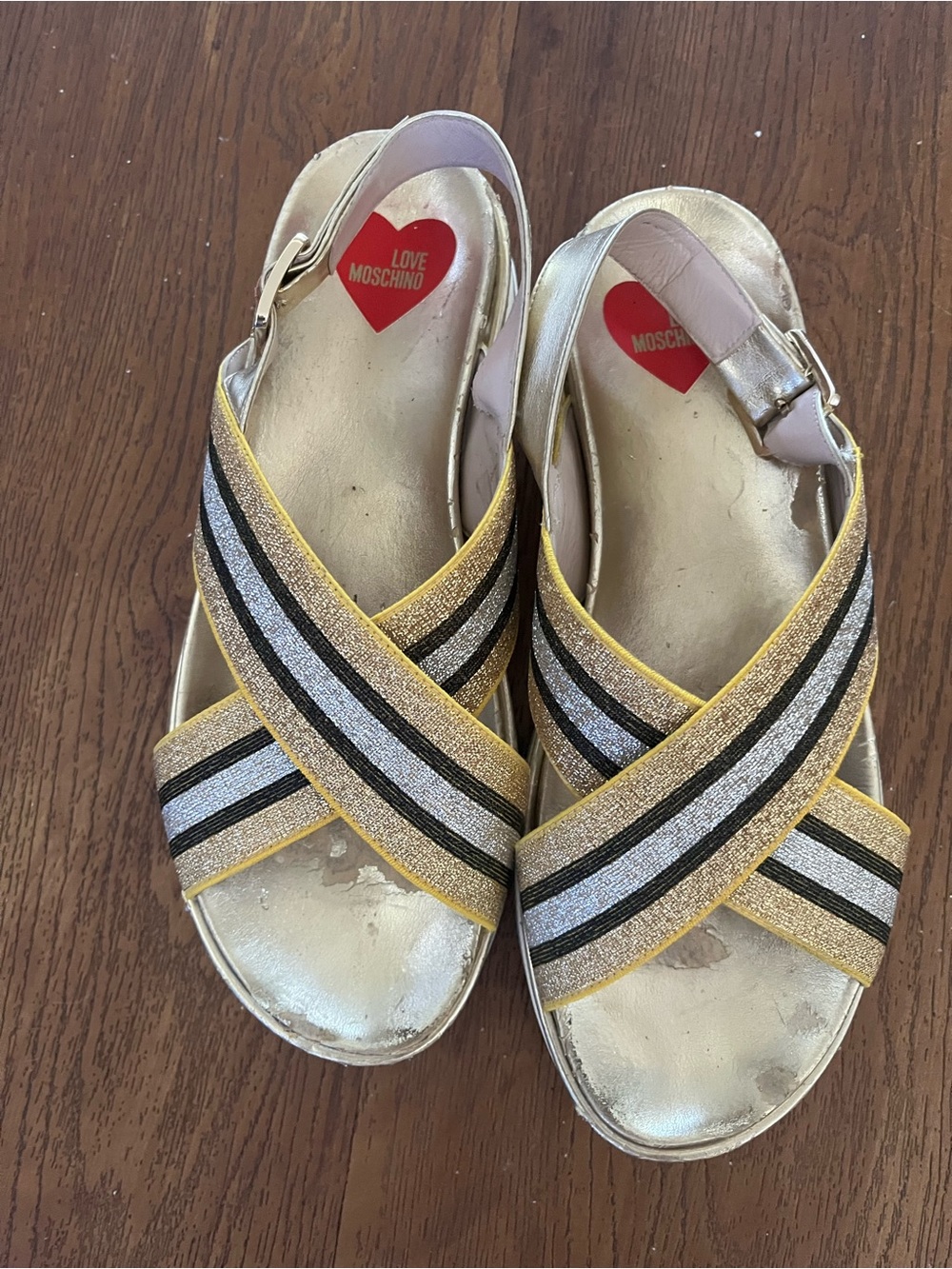 Love Moschino Metallic Gold and Yellow Crisscross Platform Sandals
